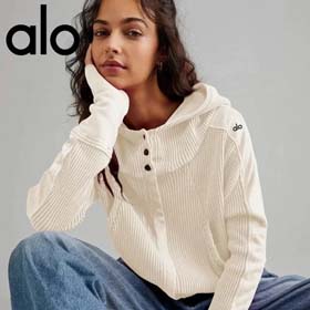 ALO Original label waffle fabric hooded cardigan sweatshirt for women lazy style zipper hooded jacket short style-2566  